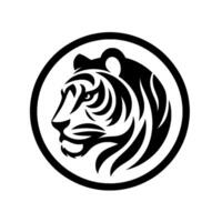 Bold black and white minimalist of a tigers head in profile, framed within a circular border on a clean white backdrop. vector