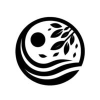 Simplified Circular Depicting Natures Balance with a Tree Branch, Sun, and Water, in Black White. vector
