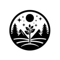 A monochrome circular emblem depicting a night landscape with mountains, evergreen trees, a sprouting plant under a moon and stars. vector