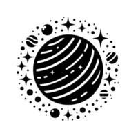 A Black and White Cosmic Illustration Planet encircled by Stars, Moons, and Celestial Dots, creating a minimalist space scene. vector
