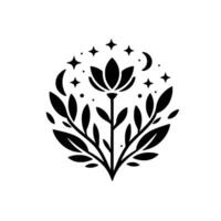 Celestial Bloom A symmetrical black floral within a circle featuring stars, crescent moons, and leaves on a white background. vector