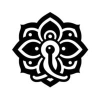 Symmetrical black and white of a stylized floral mandala with keyholelike center and dot accents, on a white background. vector