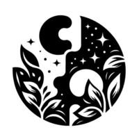 Abstract YinYang Celestial and Botanical Black and White Featuring Stars, Leaves, and a Symbolic Shape within a Circle. vector
