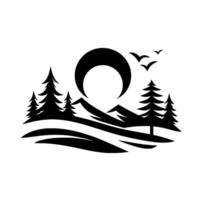 Minimalist Black and White Nature Scene Silhouette of Mountains, Trees, Crescent Moon, and Flying Birds against a White Backdrop vector
