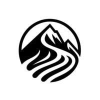 Black and white minimalist featuring stylized mountain peaks within a circular frame, with a flowing river , evoking a sense of nature and adventure. vector