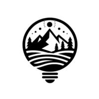 Black and White Mountain Landscape Inside a Lightbulb, Capturing Natures Essence with Pine Trees, Peaks, and Starry Sky, Minimalist . vector