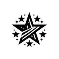 Geometric Black Starburst Emblem with Inner Light and Surrounding Stars, set on white. vector