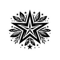 Illustration Black and white starburst with a central star, featherlike elements and surrounding stars on a white background. vector