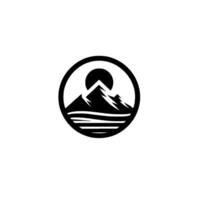 Black and white circular featuring mountains with a sun rising over stylized water lines, clean . vector