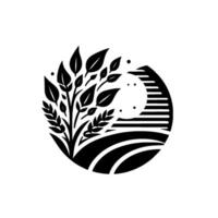 Symbolic black and white illustration of natures balance, depicting leaves, fields, and a stylized sunmoon within a circular frame. vector