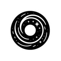 A stylized black and white of a galaxy or celestial swirl, featuring stars and dotted trails. vector