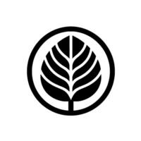 Monochromatic Leaf Emblem A minimalist black and white illustration featuring a stylized leaf shape encircled within a bold circular frame, set against a white backdrop. vector