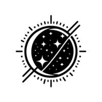 Celestial Compass Black and White Minimalist featuring a Moon Phase, Starry Sky, and Diagonal Lines. vector