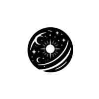Celestial emblem A minimalist black and white featuring a stylized sun, crescent moons, and starscape inside a circular frame. vector