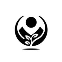 Abstract black and white featuring a plant sprouting between mountainlike shapes with a suncircle on top, all within an encompassing arc. vector