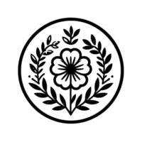 Simplified Black and White Floral Emblem Central Flower Encircled by Botanical Leaves and Berries within a Circular Frame, Isolated. vector