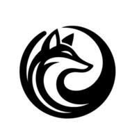 A striking black and white minimalist of a stylized fox head within a circular frame, showcasing elegant curves and sharp angles. vector