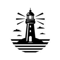 Black and white minimalist lighthouse emblem, radiating light, set on a shoreline with stylized clouds, capturing a sense of guidance and safety. vector