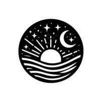 Circular black and white stylized illustration depicting the sun rising over waves with the moon and stars, symbolizing duality and cyclical patterns. vector
