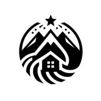 Black and white stylized of a house nestled between mountains under a star within a circular swirling pattern, evoking a sense of security and nature. vector