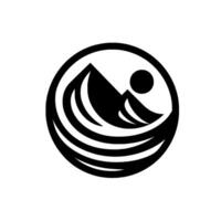 A minimalist black and white circular emblem with a stylized mountain peak, sun, and water waves, evoking nature and adventure. vector