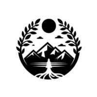 Minimalist Black and White Circular Mountain Landscape with Tree, Sun, Clouds Framed by Foliage, Evoking Natures Serenity vector