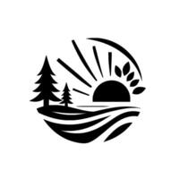 Black and white circular nature emblem featuring stylized trees, sun, land, and water with leaves around suns peak, minimalist . vector
