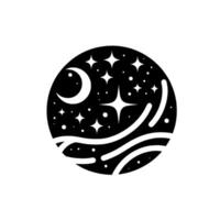 Celestial Scene Crescent Moon, Stars, and Stylized Waves Within a Black Circle, Minimalist Aesthetic. vector