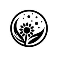A black and white circular illustration featuring a sunflower with leaves, encompassed by a circle, decorated with dots. vector