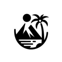 Minimalist Black White Sun, Mountain, Palm Tree, and Ocean, enclosed in a stylized abstract frame for a tropical travel . vector