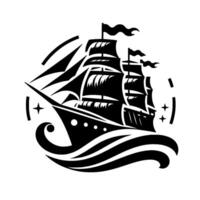 illustration of a threemasted sailboat on choppy waves, stylized with a circular frame and nautical elements in black and white. vector