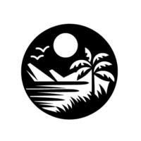 Monochrome round featuring a stylized tropical beach scene with a sun, birds, palm tree, mountains, and water, creating a serene coastal landscape. vector