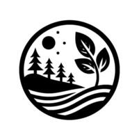 Black and white circular emblem depicting a stylized landscape with pine trees on a hill, a growing plant, the sun, and water. vector
