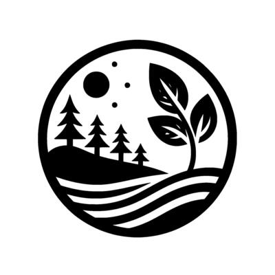 Black and white circular emblem depicting a stylized landscape with pine trees on a hill, a growing plant, the sun, and water.