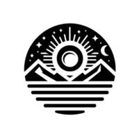 A stylized black and white circular landscape featuring a sun, mountains, moon, stars, and waterlike elements. vector