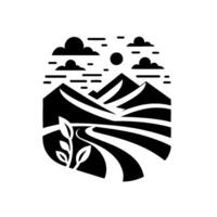 Minimalist black and white landscape with mountains, a winding path, a plant, and a sun, inside a rounded shape, capturing nature and simplicity. vector