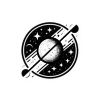 Intricate black and white space illustration featuring a central planet with radiating lines, surrounded by stars and celestial bodies. vector