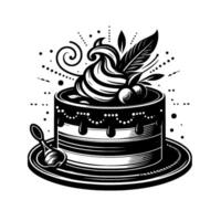 Intricately Detailed Black and White Illustration of a Festive Layered Cake with Elegant Swirled Frosting, Berries, and Decorative Elements on a Platter. vector