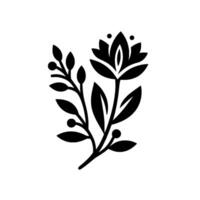 A featuring a stylized black flower with a leafladen branch, showcasing botanical artistry against white. vector