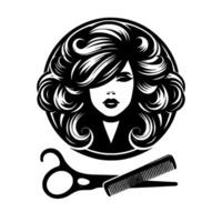 Elegant Black and White Salon Stylized Woman in a Circle with Scissors and Comb, Emphasizing Beauty and Haircare. vector