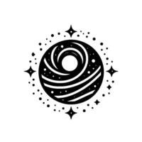 Black and white stylized cosmic featuring a spiral planet ringed with stars, dots, and geometric starbursts. vector