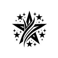 Bold black and white featuring a central star with stylized wavelike elements, ringed by smaller stars, evoking dynamic movement on white. vector