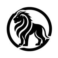 A bold, minimalist of a majestic lion silhouette, rendered in black within a circular frame, on a stark white background. vector