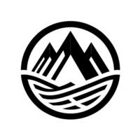 A bold, minimalist black and white emblem featuring three mountain peaks above stylized water elements within a circular frame, emphasizing the concept of natural beauty and adventure. vector