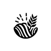 Stylized, monochromatic featuring a handlike shape cradling a wheat sprig and emitting radiant lines. vector