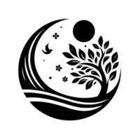 Black and White Circular Nature Illustration featuring a Tree, Bird, Moon, and Floral Elements with Artistic Waves. vector