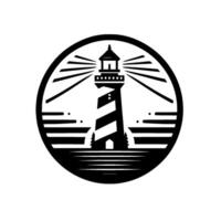 Black and White Lighthouse with a Circular Frame, Emitting Light and Situated Above the Sea, Minimalist Nautical . vector