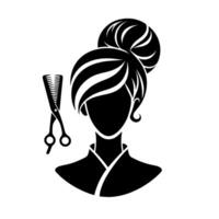 Black and White Stylized of a Woman with a Bun Hairstyle, Salon Scissors and Comb vector