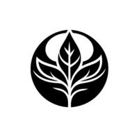 Minimalist black and white botanical , a stylized plant with leaves, framed within a circle, symbolizing growth and nature. vector