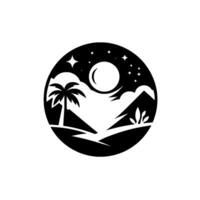 Monochromatic nightscape palm tree and mountains, full moon and stars within circular frame. vector